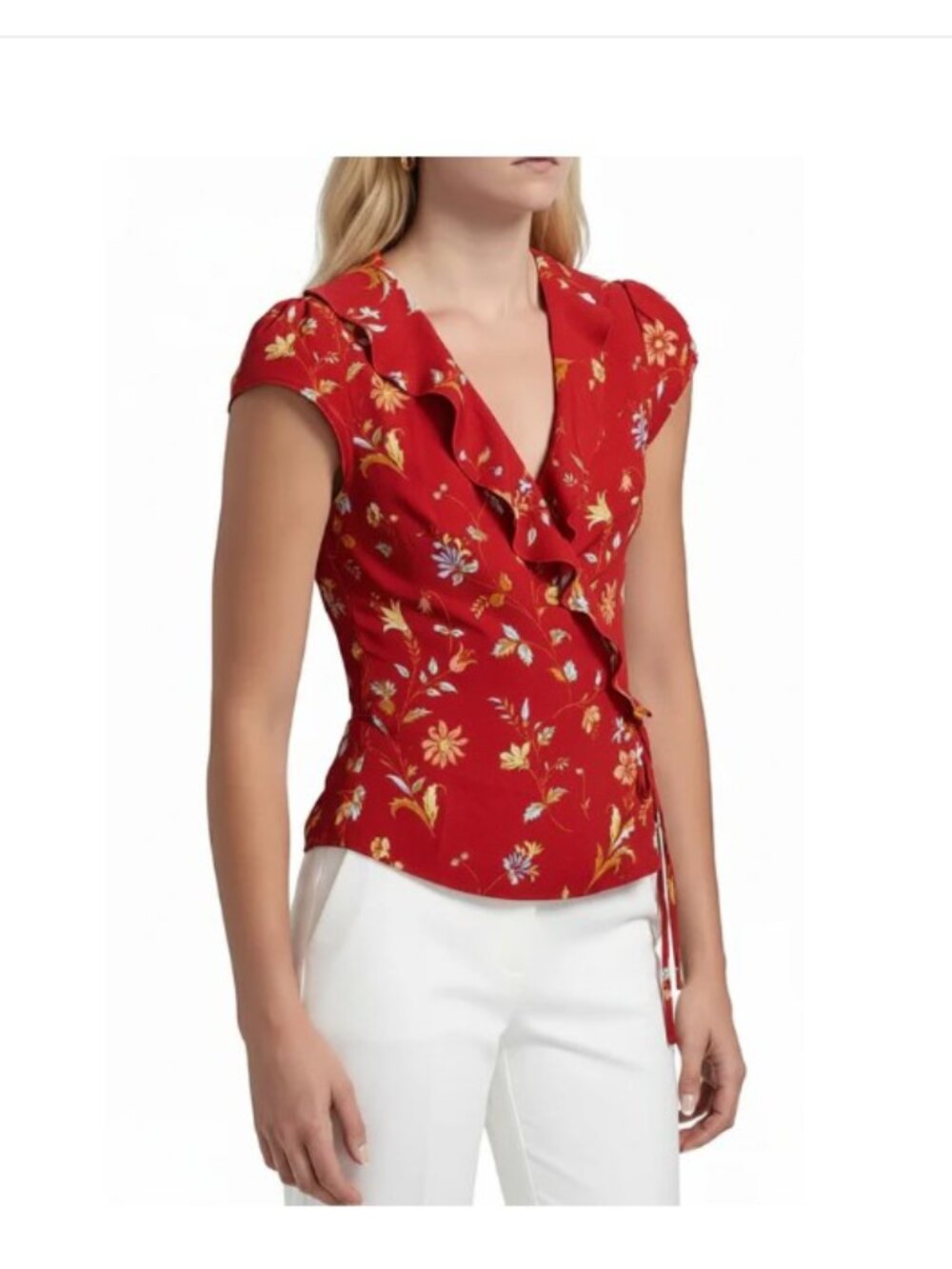 Reformation Clemence Floral Wrap Top Red Crepe Ruffle Short Sleeve
